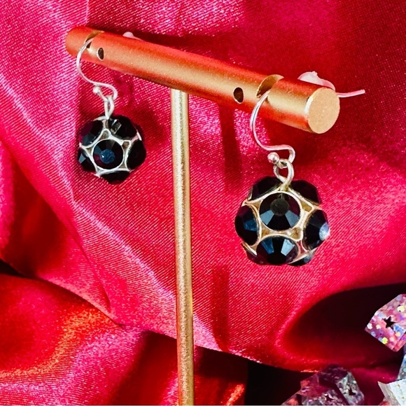 Vintage Black Rhinestone Sphere Dangle Earrings | Sterling Silver Hooks - Picture 6 of 10